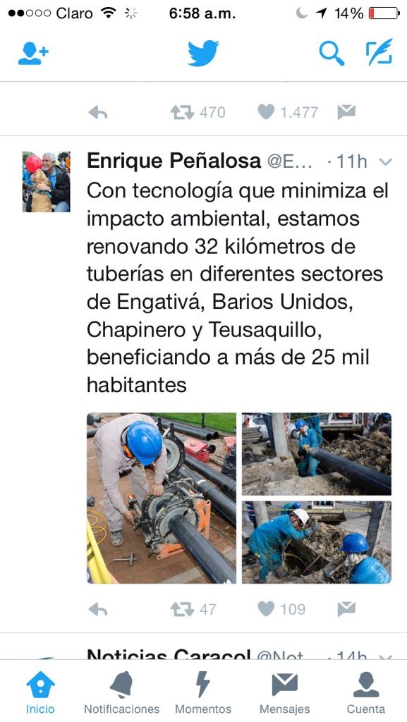 Tuit del Alcalde Peñalosa sobre tecnología Sin Zanja